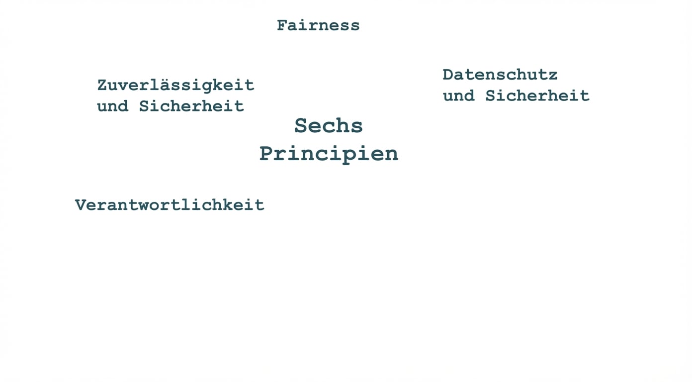 Ein Text mit dem Titel „Sechs Prinzipien“, umgeben von den Begriffen, die diese Prinzipien beschreiben: Fairness, Datenschutz und Sicherheit, Zuverlässigkeit, Verantwortlichkeit.