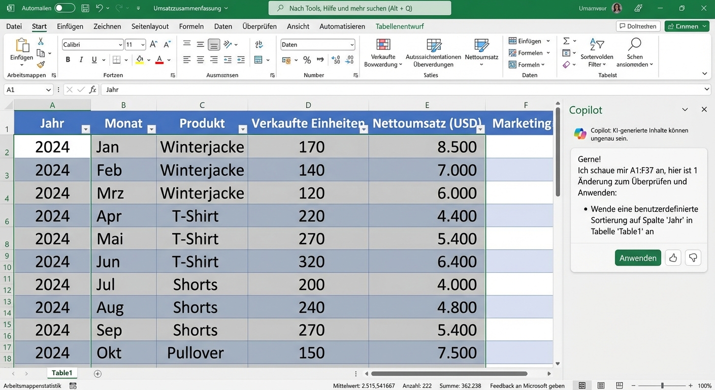 Ein offenes Excel-Dokument mit Daten zu Kleidungsstücken und ein Copilot-Chat am Rand, in welchem um die Sortierung nach dem Jahr gebeten wird.