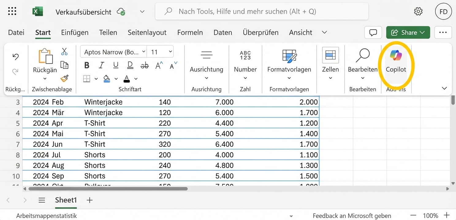 Screenshot eines Excel-Tabellenblatts mit einem hervorgehobenen Copilot-Symbol.