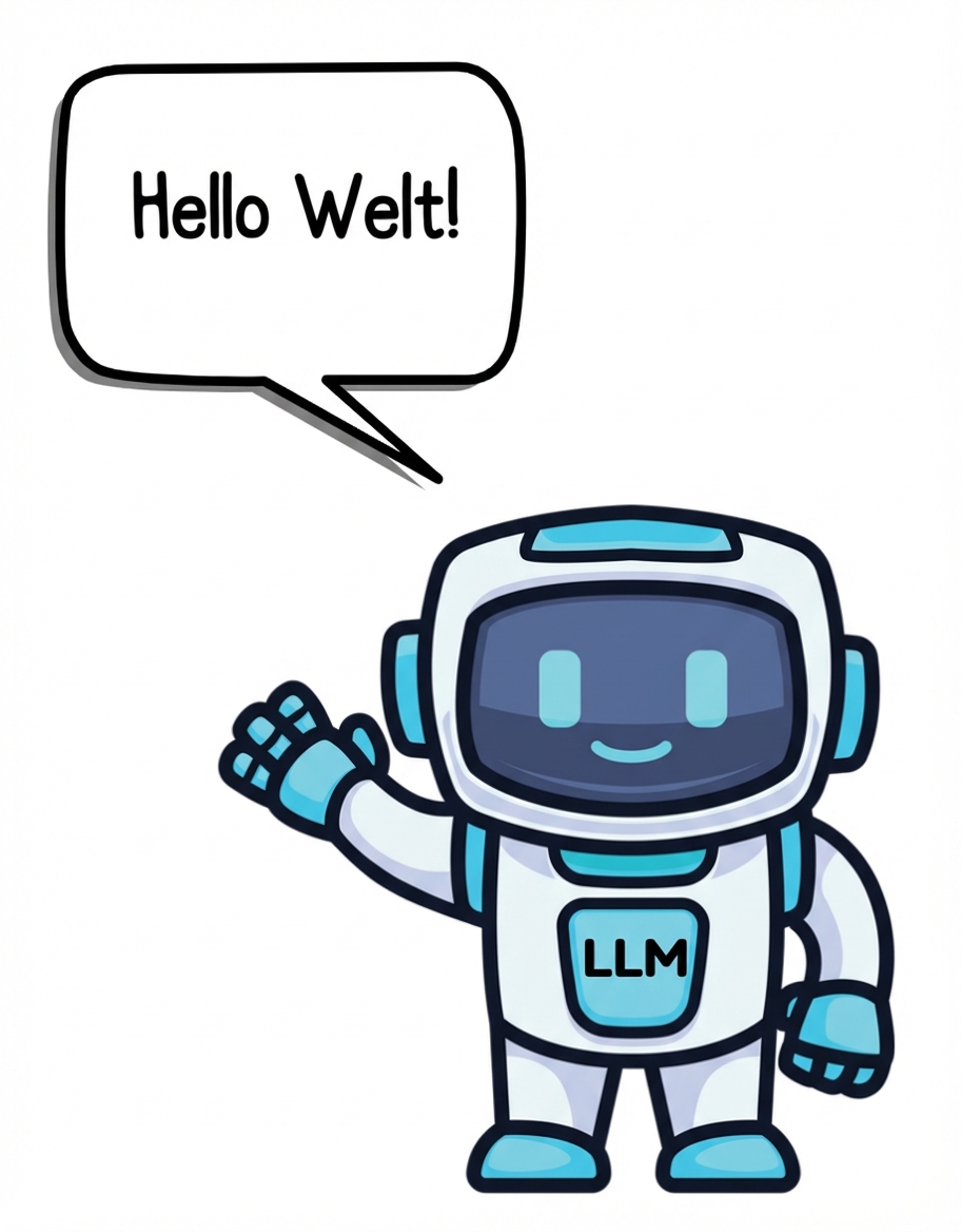 Ein Roboter winkt und sagt „Hallo Welt“. The robot has llm written on its torso.