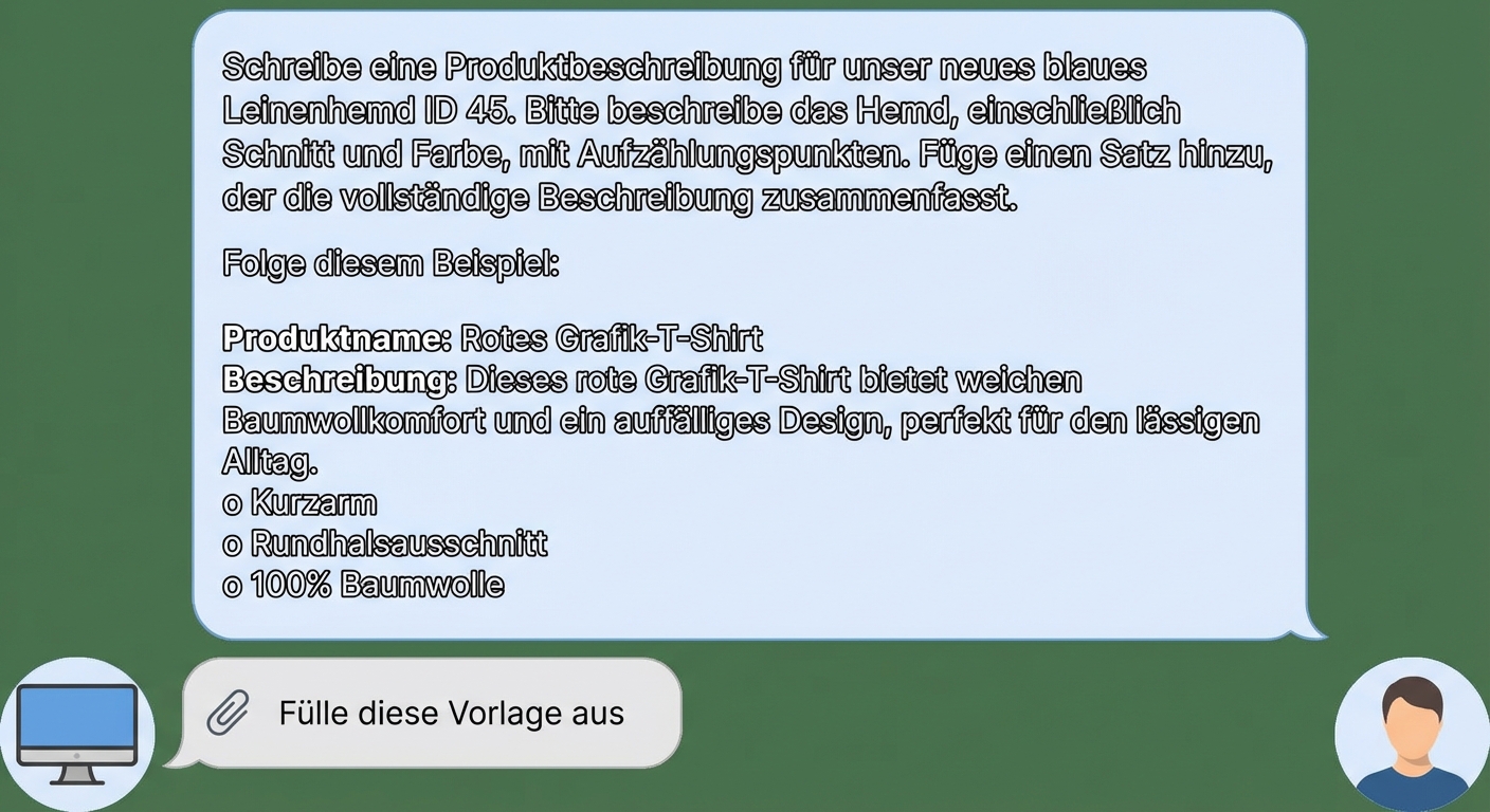 Eine Aufforderung zur Produktbeschreibung für ein Shirt mit einem bestimmten Produktnamen, mit bestimmten Anforderungen, einem Beispiel und einer Vorlage