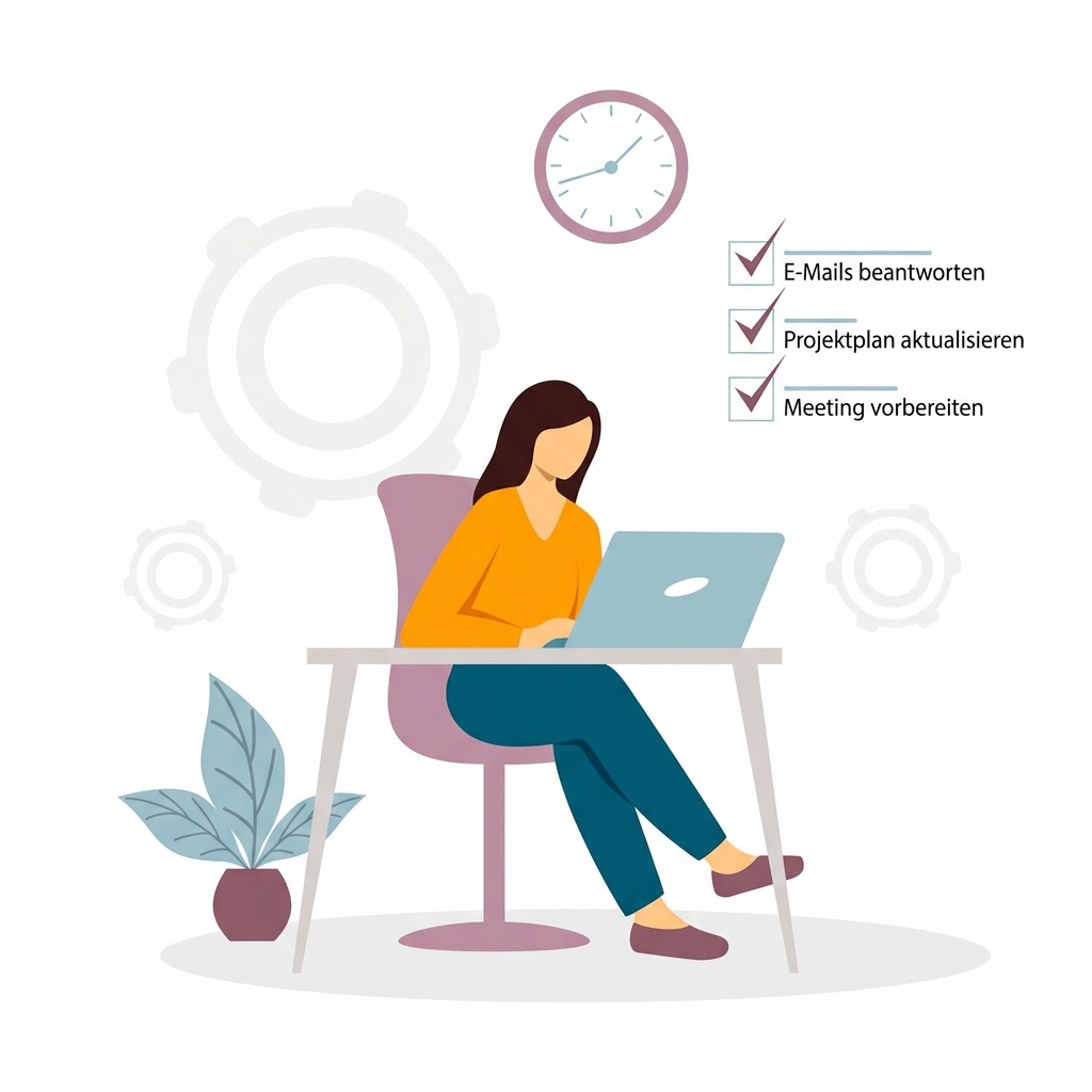 Jemand sitzt an einem Schreibtisch mit einem Laptop und liest Dokumente