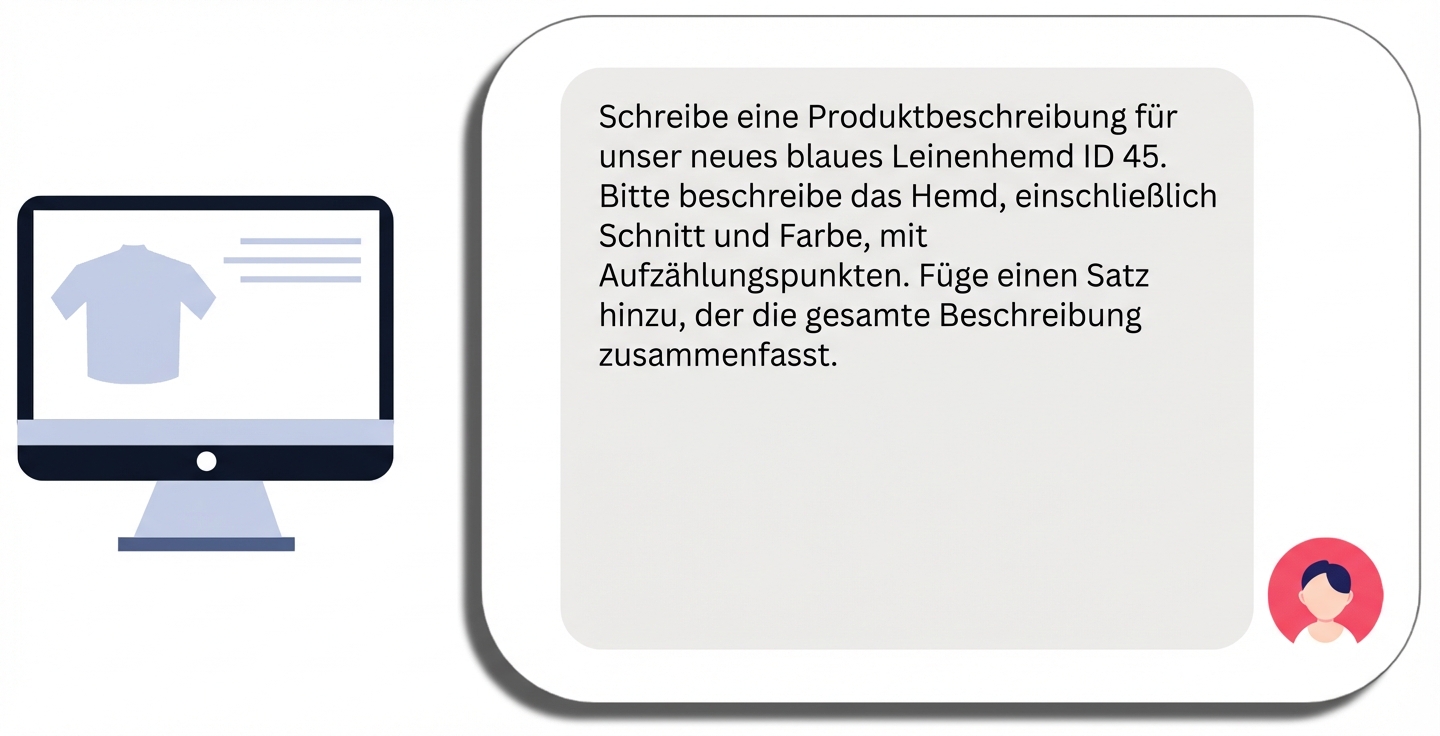Eine Aufforderung zur Produktbeschreibung für ein Shirt mit einem bestimmten Produktnamen und bestimmten Anforderungen