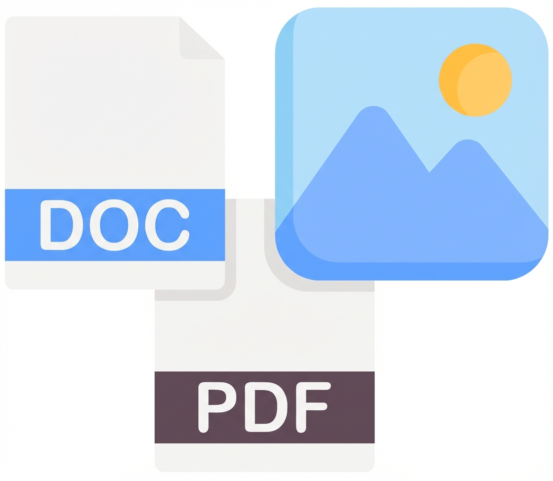 Symbole für ein Dokument, eine PDF-Datei und ein Bild.