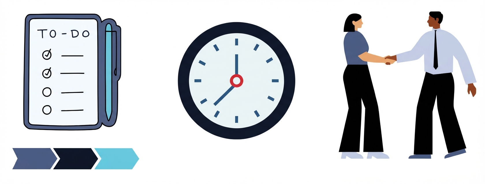 Eine To-do-Liste, eine Uhr und zwei Leute, die sich die Hand geben