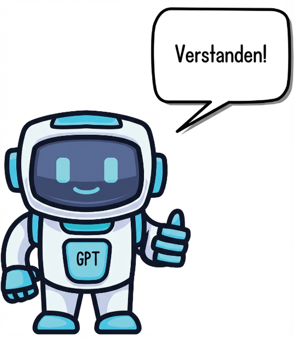 Ein Roboter mit erhobenem Daumen, der „Verstanden“ sagt