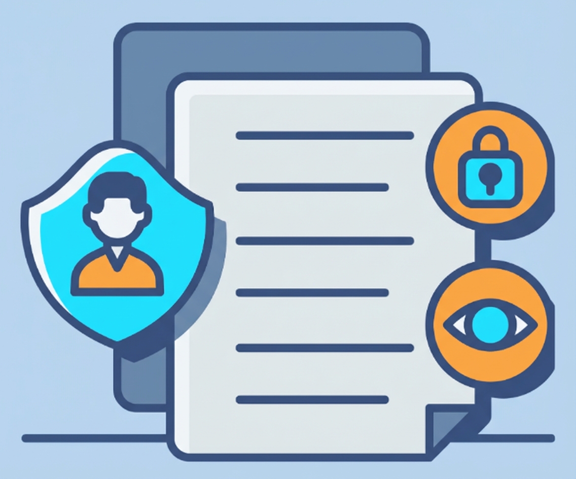 Bild von einem Dokument mit verschiedenen Symbolen wie einem Schloss und einem Auge, die für Datenschutz und Sicherheit stehen