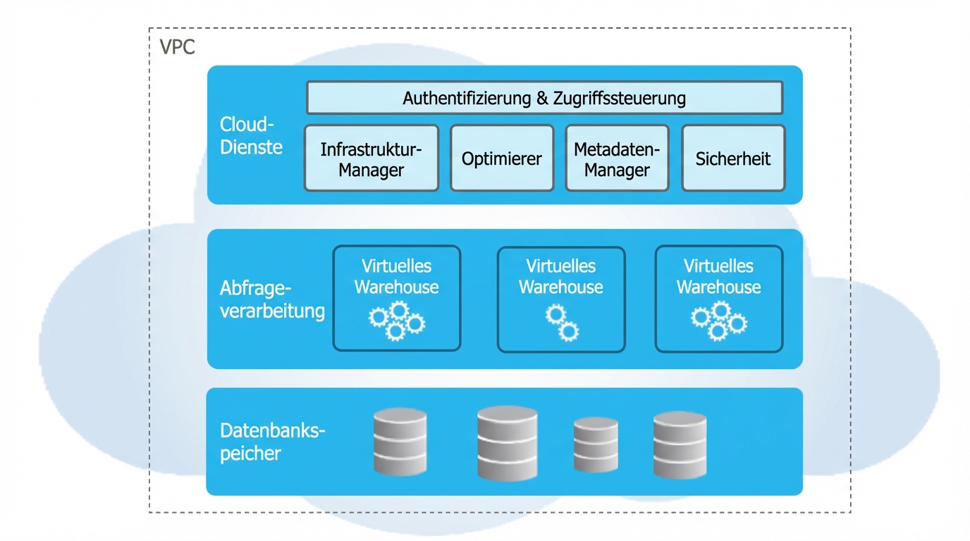 Bild der Architektur-Ebenen von Snowflake, einschließlich Cloud-Dienste, Abfrageverarbeitung und Datenbankspeicherung.
