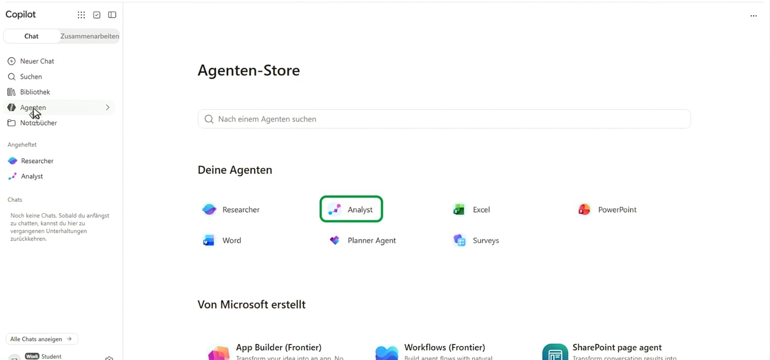 Der Agent Store in Copilot, der Analyst-Agent ist unter den integrierten Agents hervorgehoben