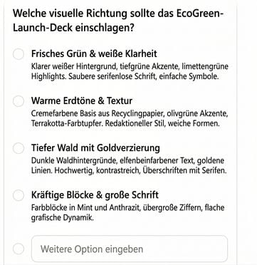 Copilot fragt, welche visuelle Richtung das EcoGreen-Deck nehmen soll, und bietet vier beschriebene Stile zur Auswahl