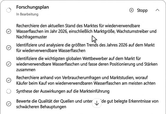 Der Researcher-Agent arbeitet einen transparenten mehrstufigen Rechercheplan ab