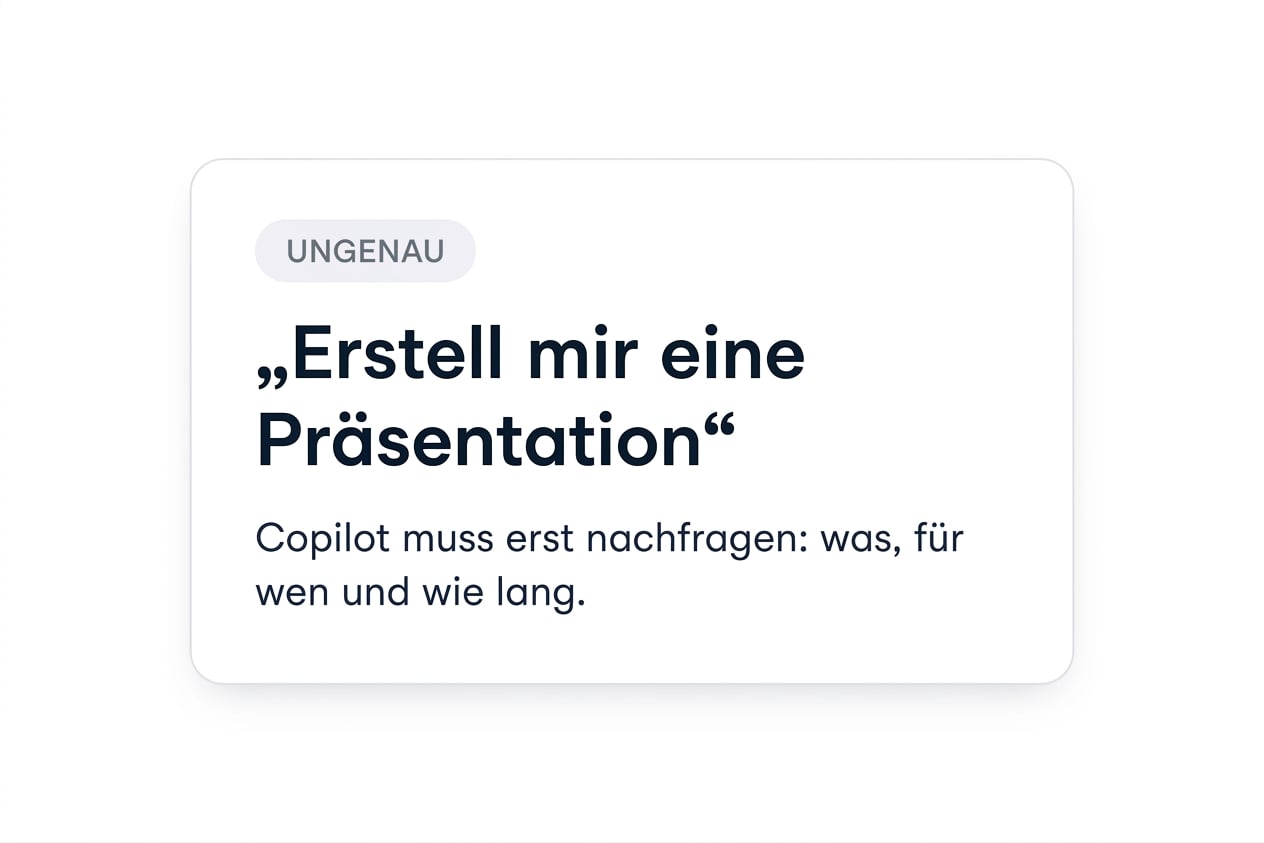 Eine einzelne Karte mit der Aufschrift VAGUE und dem Text „Make me a deck", mit dem Hinweis, dass Copilot nach was, wer und wie lange nachfragen muss