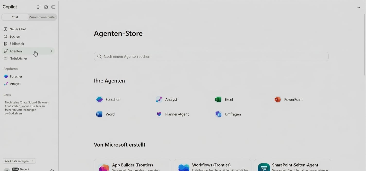 Der Agent Store in Copilot mit Researcher und Analyst unter den integrierten Agents