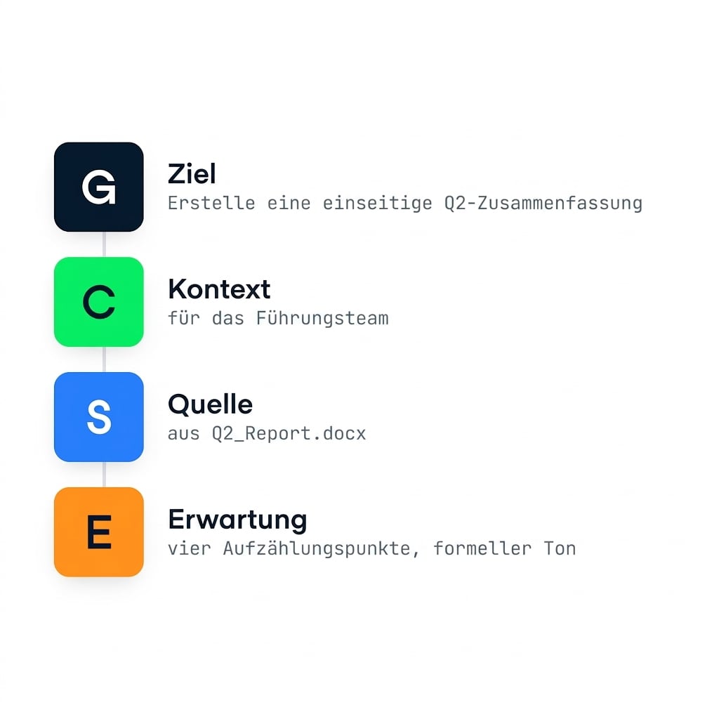 Die vier GCSE-Buchstaben – Goal, Context, Source, Expectation – als gestapelte Checkliste ausgeschrieben