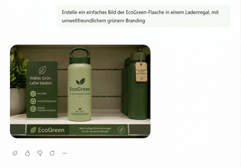 Das von Copilot aus der Eingabe erzeugte EcoGreen-Flaschenbild, auf einem Ladenregal mit grüner, umweltfreundlicher Gestaltung