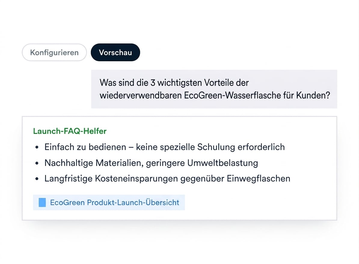 Diagramm des Preview-Panels: Testfrage, die Antwort des Agenten in drei Punkten und die zitierte Quelle