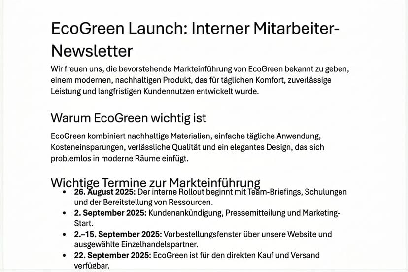 Der von Copilot in Word entworfene EcoGreen-Newsletter mit klaren Überschriften und kurzen Abschnitten