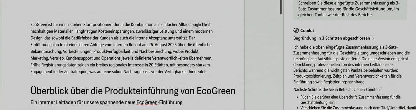 Word wandelt die eingefügte dateiübergreifende Zusammenfassung oben im EcoGreen-Bericht in eine Executive Summary mit drei Sätzen um