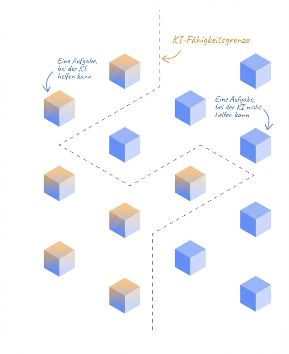 Aufgaben, die KI erledigen kann bzw. nicht kann, getrennt durch eine Grenze.