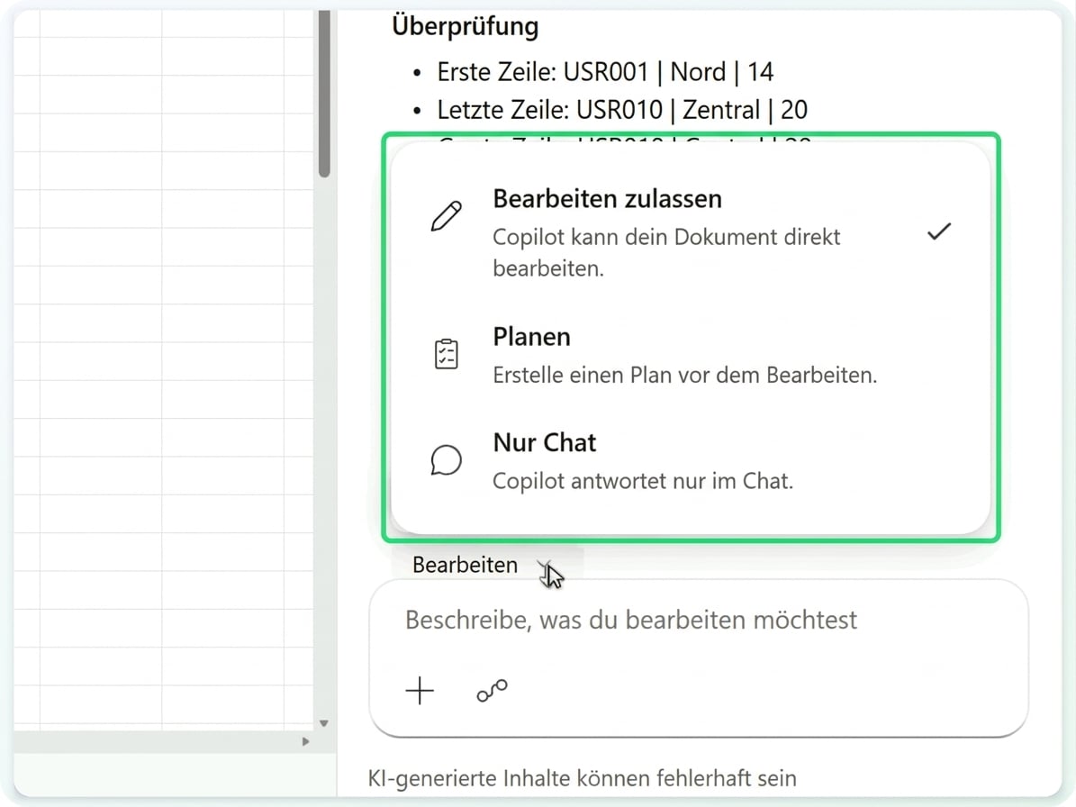 Das Copilot-Modusmenü – Allow editing, Plan, Chat only