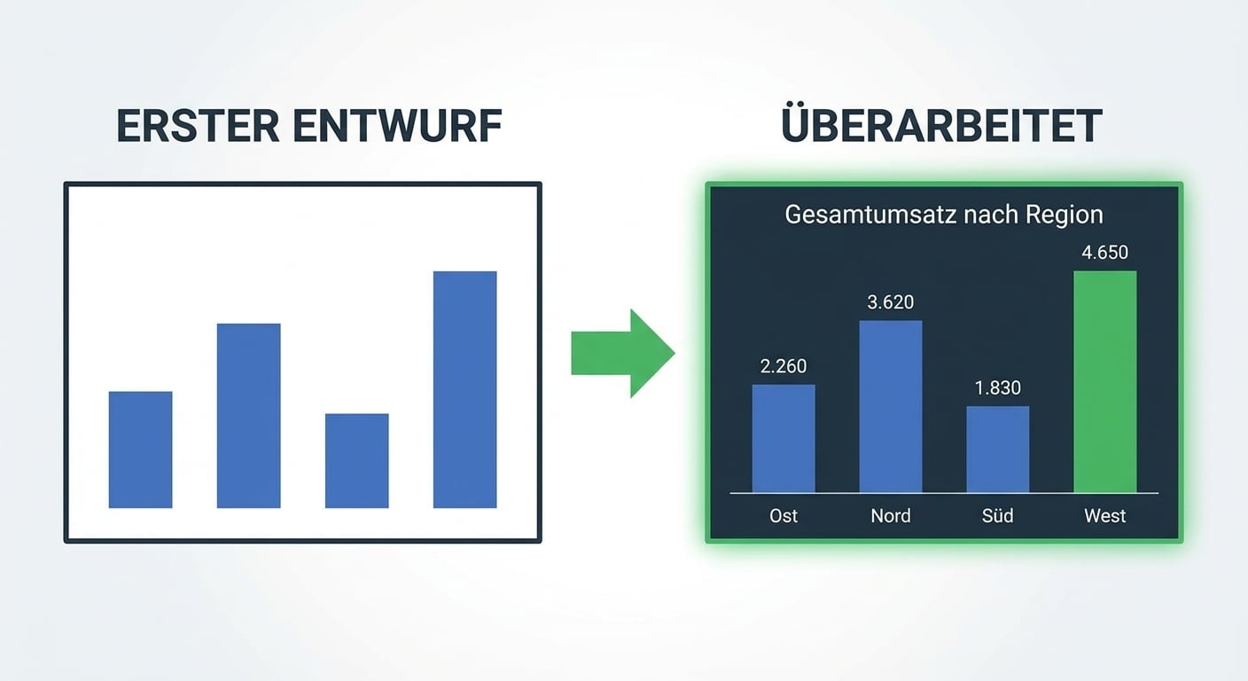Copilots erster Chart neben der überarbeiteten Version mit Titel, Datenlabels und einer hervorgehobenen Säule