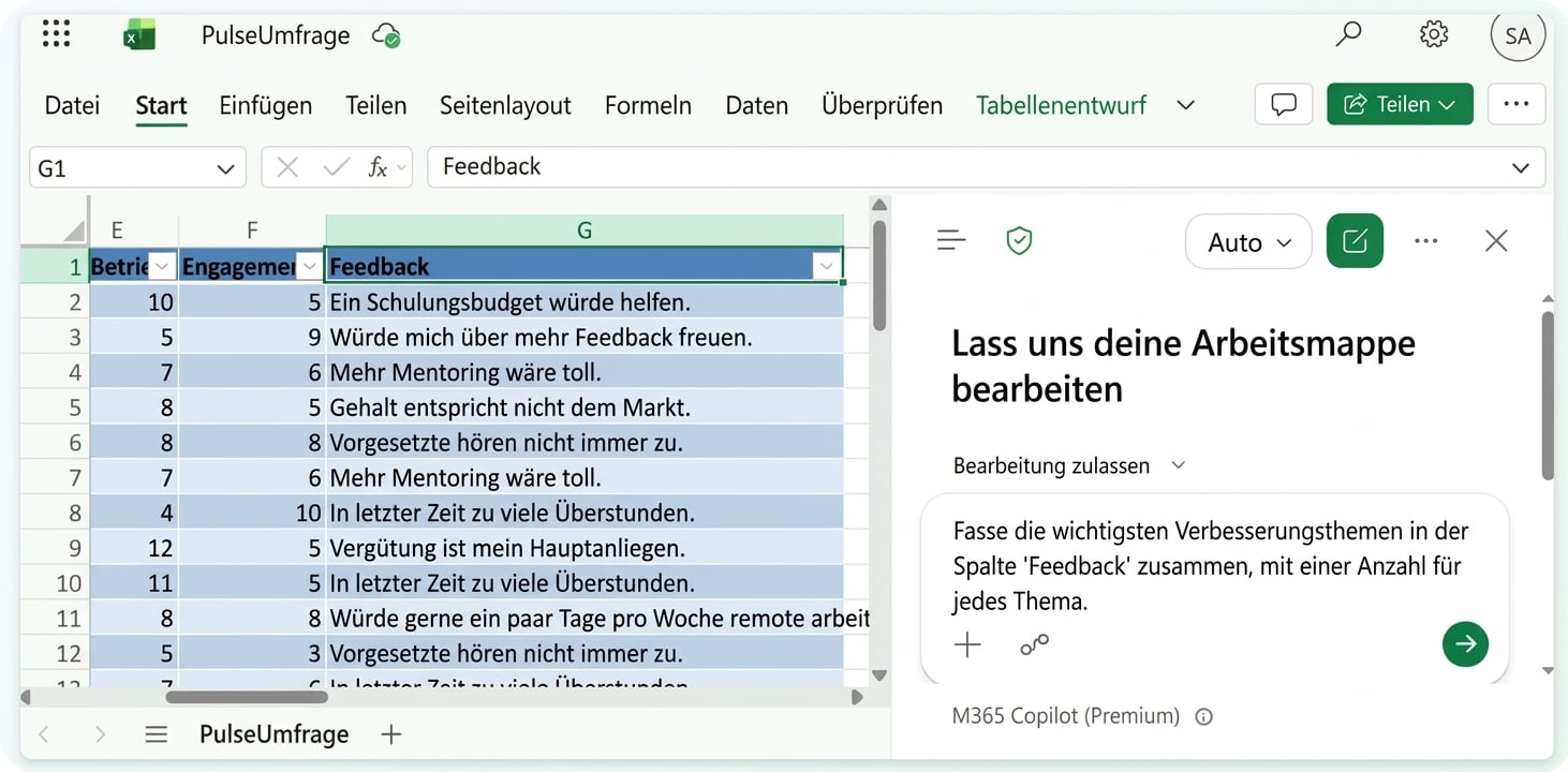 Dieselbe Umfrage, zur Spalte Feedback gescrollt, mit der in Copilot getippten Themenanfrage
