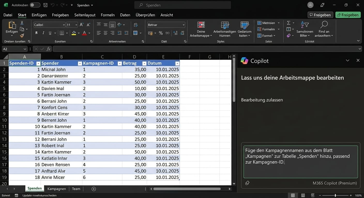 Dieselbe Arbeitsmappe mit dem Lookup-Prompt im Copilot-Bereich