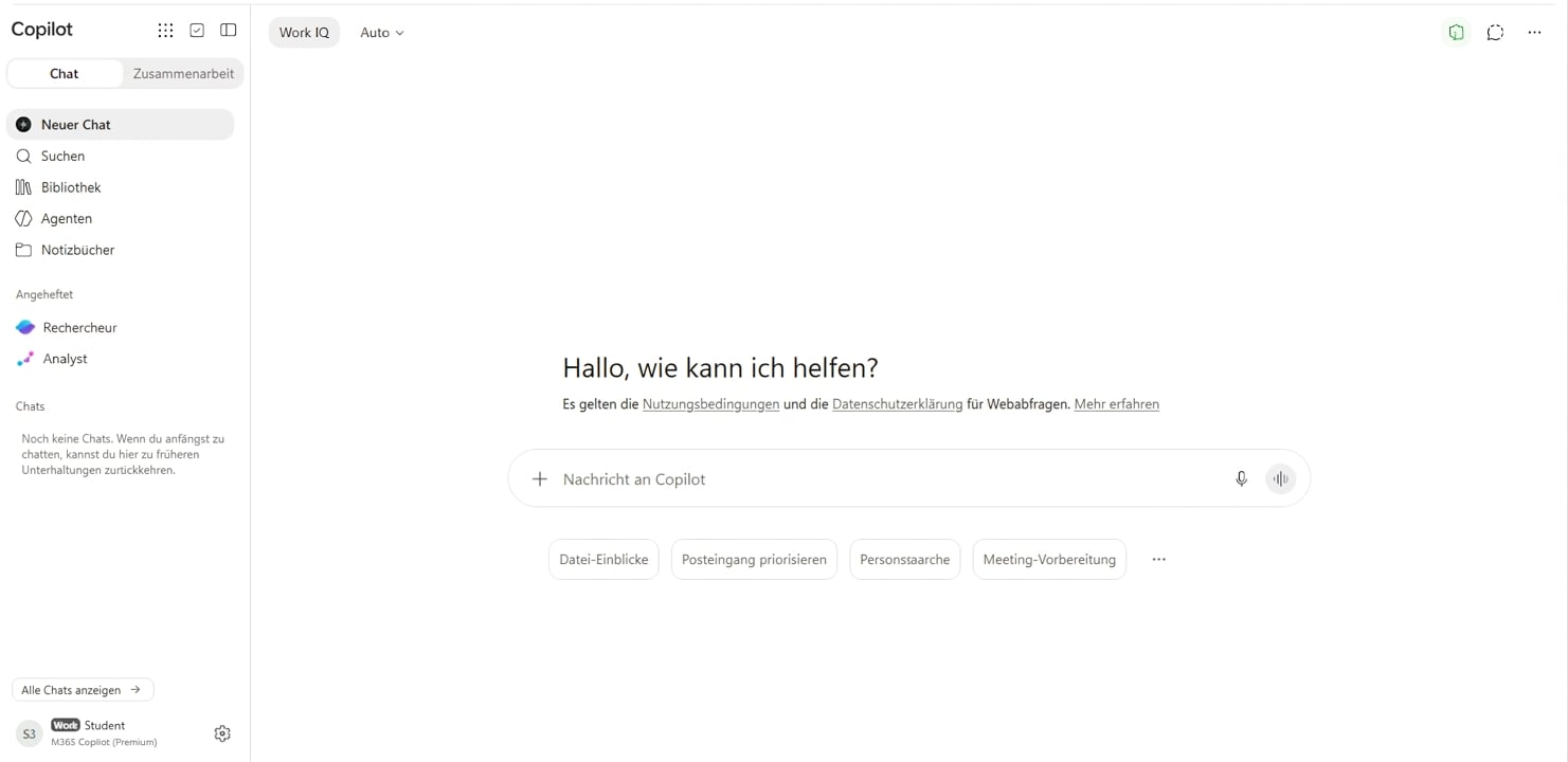Die Microsoft Copilot-Chat-App, angemeldet mit einem Arbeitskonto