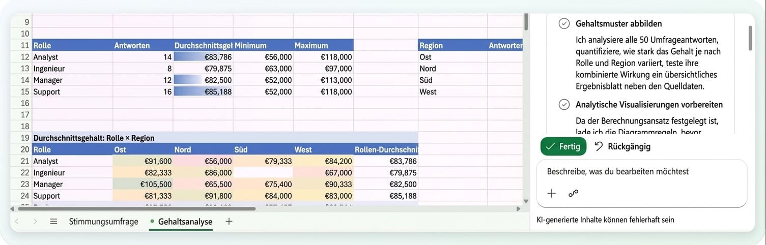 Copilots Analyseplan, geöffnet neben dem erstellten Blatt „Salary Analysis"