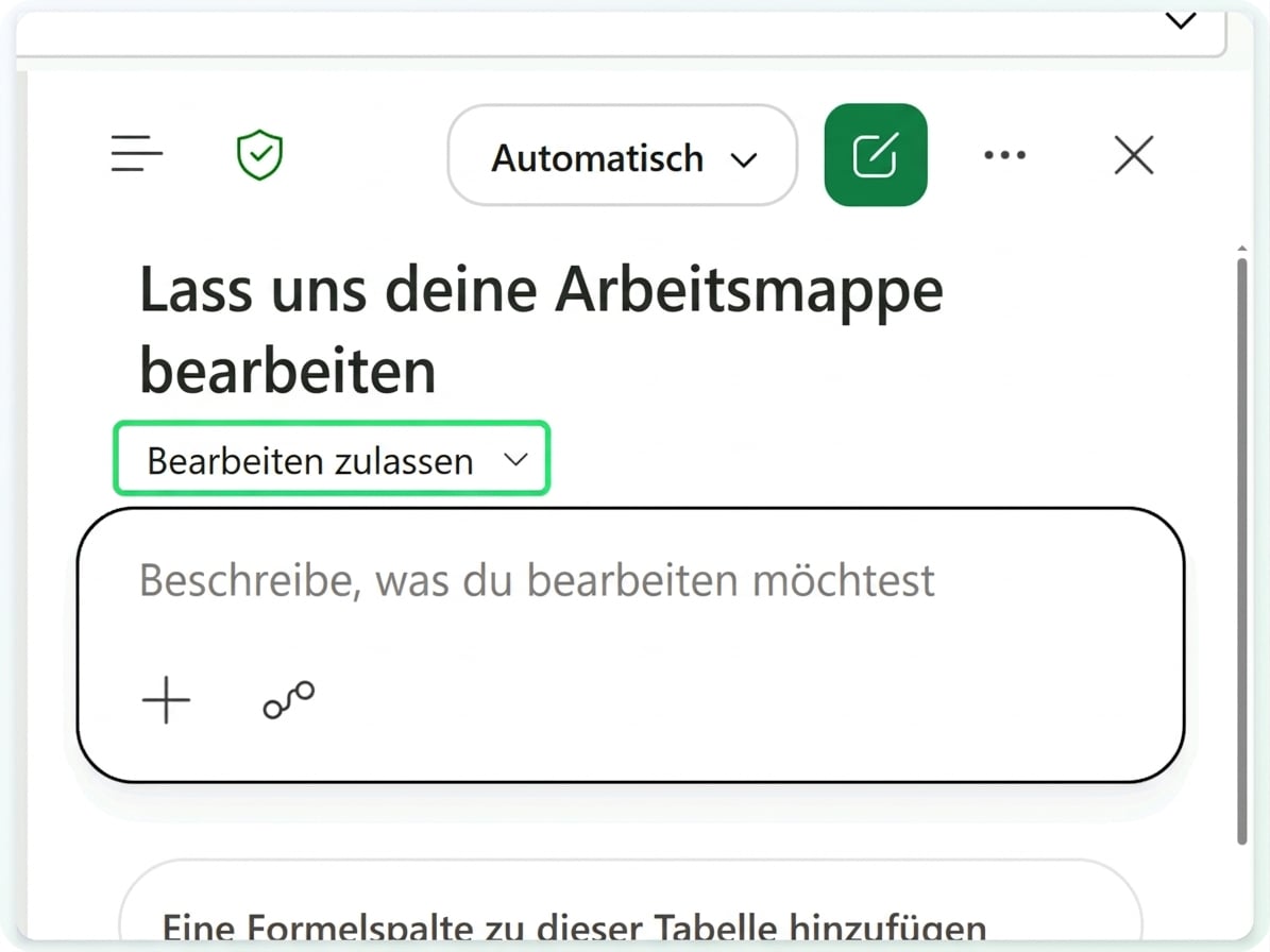Die Arbeitsmappe Tickets mit geöffnetem Copilot im Modus Bearbeiten erlauben