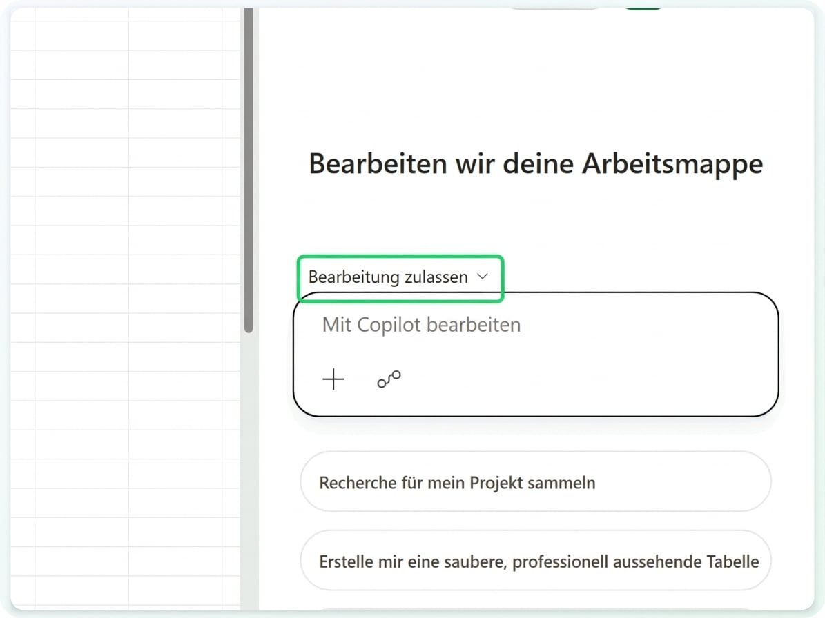 Der Copilot-Bereich mit der Modussteuerung „Allow editing"