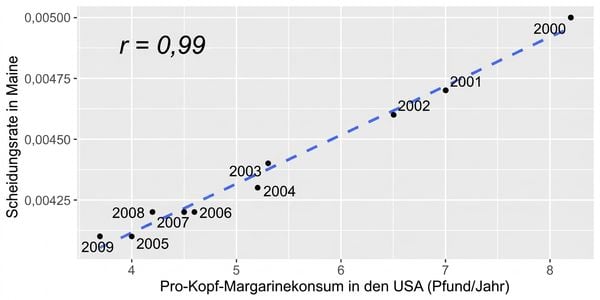Streudiagramm des Pro-Kopf-Verbrauchs von Margarine in den USA und der Scheidungsrate in Maine. Die Variablen sind hoch korreliert mit einem Korrelationskoeffizienten von 0,99