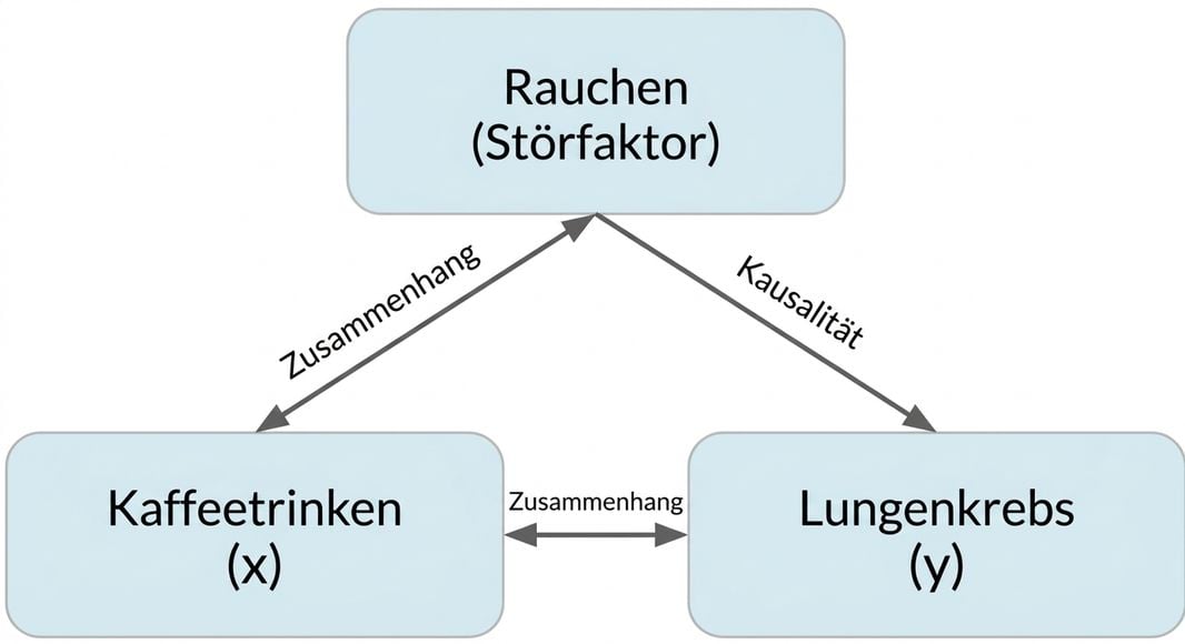 Konsum von Kaffee (x) mit Doppelpfeil zu Lungenkrebs (y), beschriftet mit "Assoziation". Doppelpfeil zwischen Rauchen und Kaffeetrinken, beschriftet mit "Assoziation". Pfeil von Rauchen zu Lungenkrebs, beschriftet mit "Kausalität".