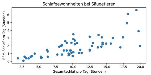 Streudiagramm der Schlafgewohnheiten von Säugetieren, das den Gesamtschlaf pro Tag und den REM-Schlaf pro Tag darstellt