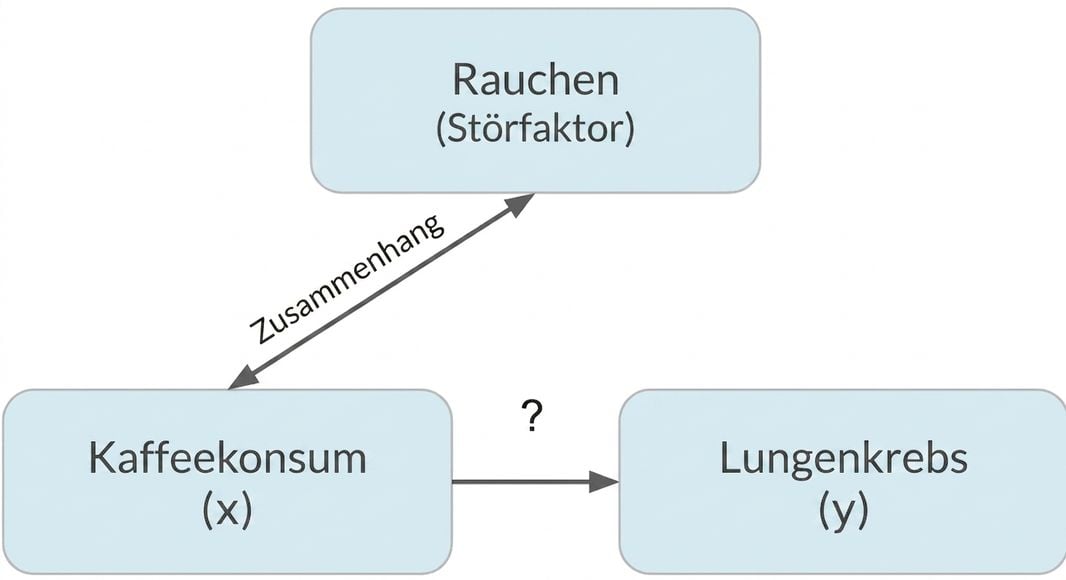 Der Konsum von Kaffee (x) deutet auf Lungenkrebs (y) mit Rauchen (Störfaktor) hin. Doppelpfeil zwischen Rauchen und Kaffeetrinken, beschriftet mit "Assoziation".