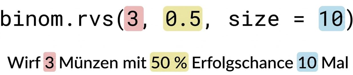 binom.rvs(3, 0.5, size=10) mit 3 rot, 0,5 gelb, 10 blau. Text: Wirf 3 Münzen (rot) mit einer Erfolgschance von 50 % (gelb) 10 (blau) mal