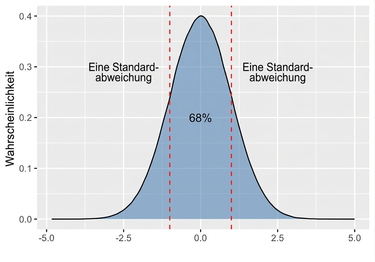 Normalverteilung mit einer Fläche zwischen plus minus einer Standardabweichung, die als 68 Prozent beschriftet ist.png