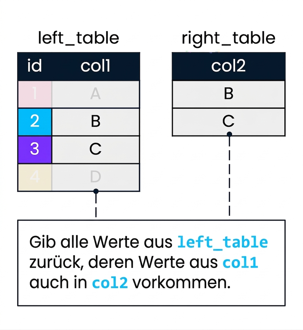 Ein Diagramm mit zwei Tabellen, „left_table“ und „right_table“, die zur Veranschaulichung eines Semi-Join verwendet werden. „col2“ wird zum Filtern von „col1“ verwendet. Datensätze in left_table, bei denen col1 keine Übereinstimmung in col2 findet, wurden ausgeblendet.