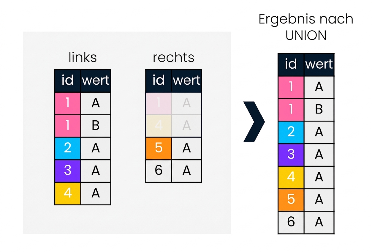 Ein Diagramm mit zwei Tabellen, links und rechts. Auf der rechten Seite des Diagramms siehst du, was passiert, wenn eine UNION-Operation auf die beiden Tabellen angewendet wird.