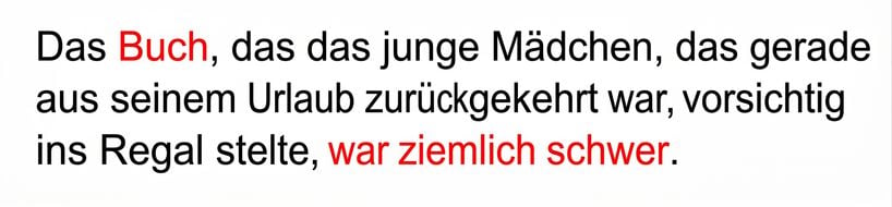 Ein Beispiel für eine Beziehung voneinander entfernter Wörter: "Das Buch, das das junge Mädchen, das gerade aus dem Urlaub zurückgekehrt war, sorgfältig in das Regal stellte, war ziemlich schwer."