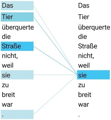 Der Satz: „The animal didn't cross the street because it was too wide.“ Die Wörter "it" und "street" sind hervorgehoben