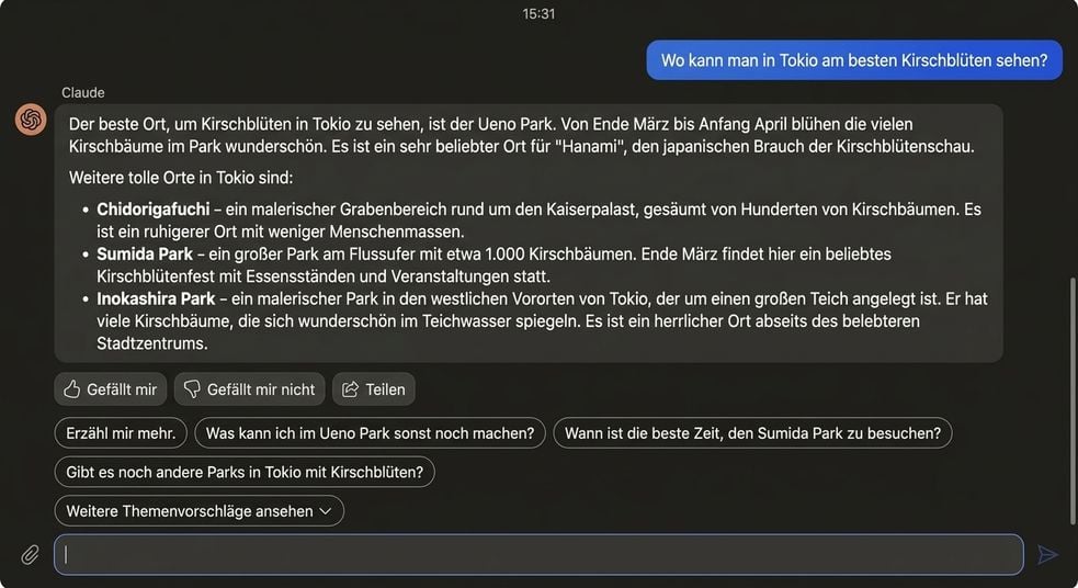Screenshot einer Unterhaltung mit dem Chatbot Claude von Anthropic
