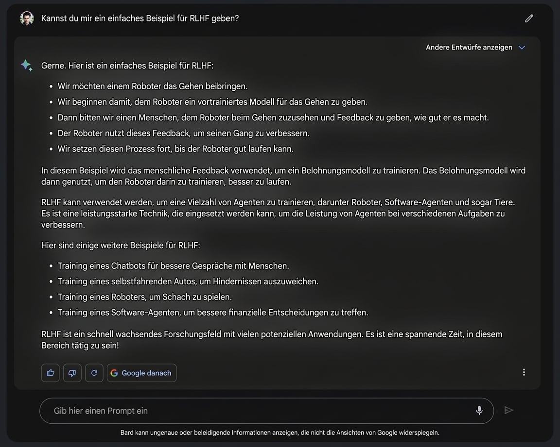 Bild der Google Bard Chat-Oberfläche mit den hervorgehobenen Feedback-Optionen "Daumen hoch" und "Daumen runter"