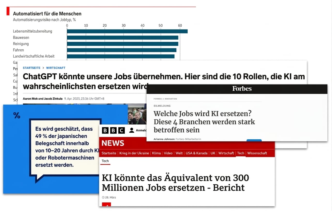 Schlagzeilen und Diagramme, die verkünden, wie KI eine Vielzahl von Jobs ersetzen wird