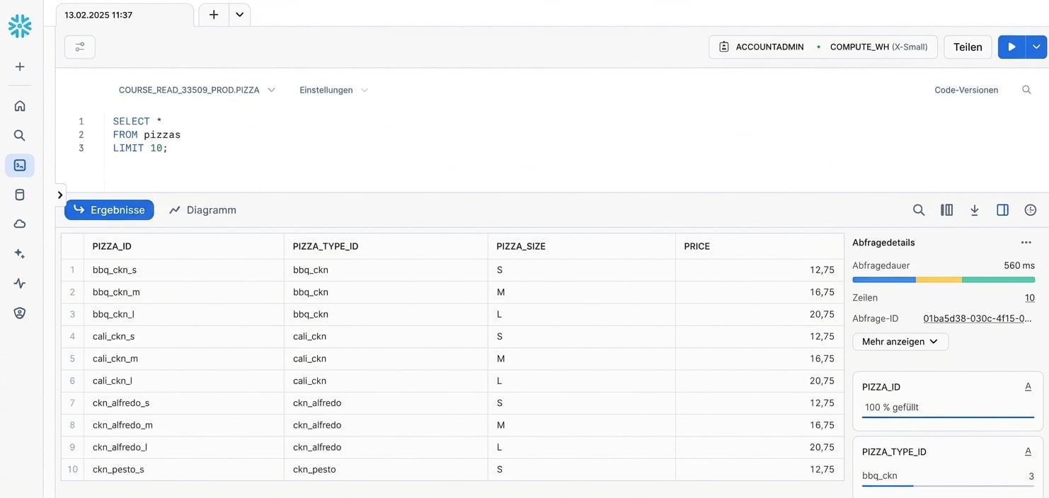 Snowflake Web Interface showing worksheet and results of query