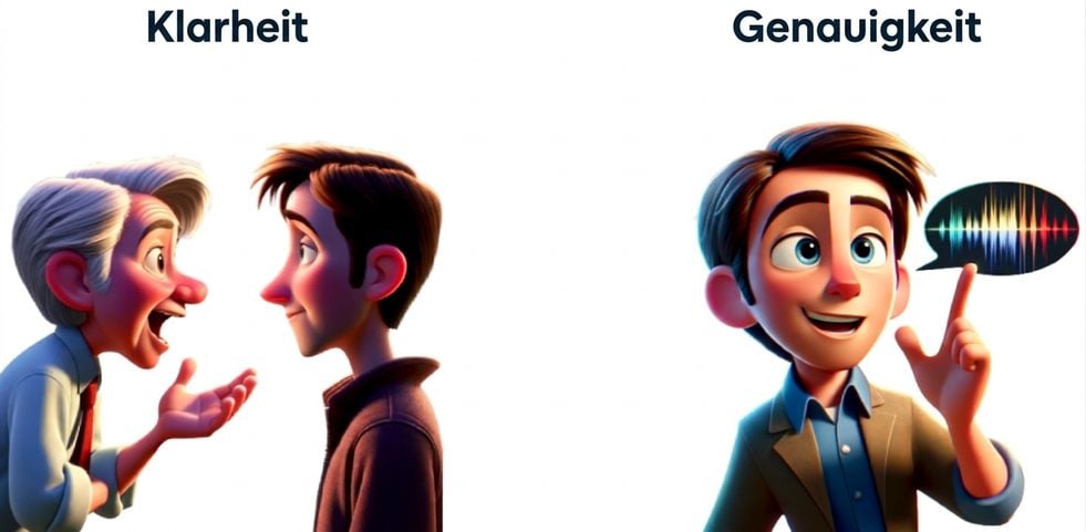 Auf der einen Seite sprechen zwei Personen miteinander, um den Aspekt der Klarheit abzubilden, auf der anderen Seite steht eine Person mit einer Sprechblase, um den Aspekt der Spezifität darzustellen