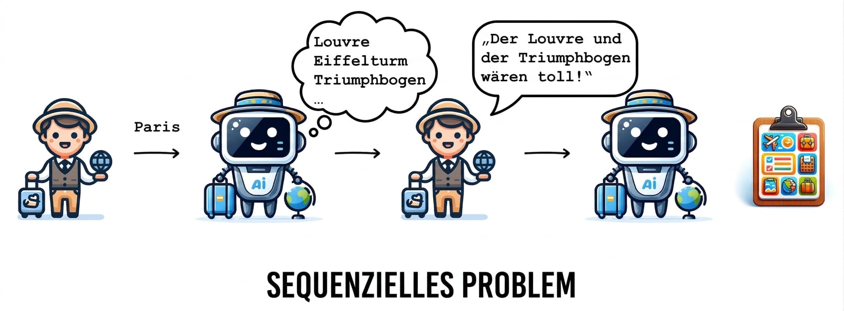 Dieser Reiseplan-Workflow ist ein Beispiel für ein sequenzielles Problem.