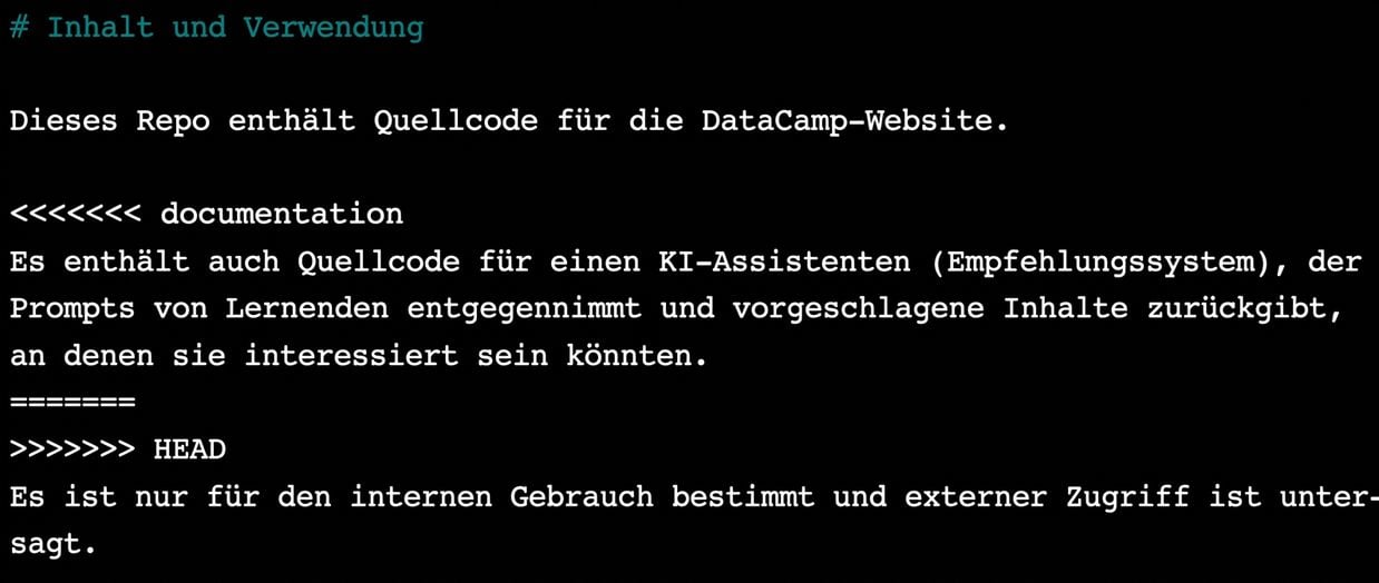 README file showing conflict sections using nano