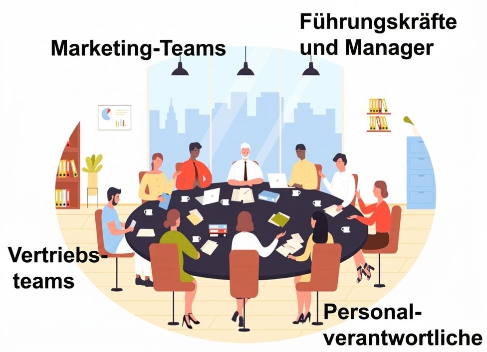 Illustration of a diverse group of professionals, including marketing, sales, HR professionals, and executives, sitting around a large conference Tabelle in a meeting room.