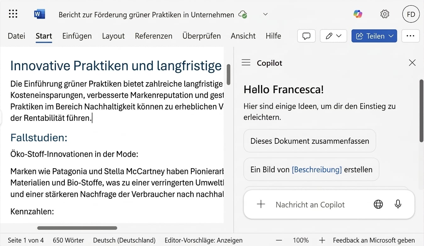 A screenshot of an open Word document with an open Copilot chat on its side.